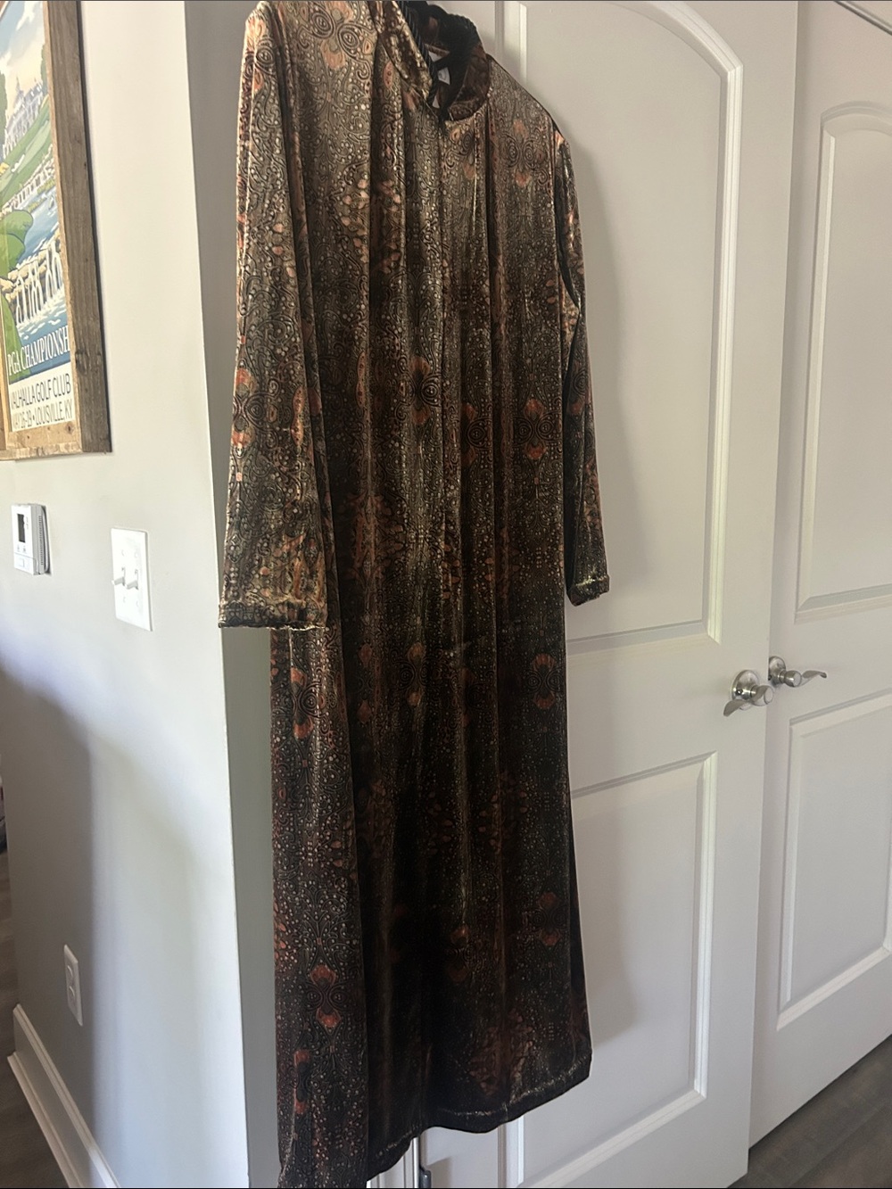 Laura Michelle Vintage Long Velvet Printed Kaftan Robe in Brown Gold Black